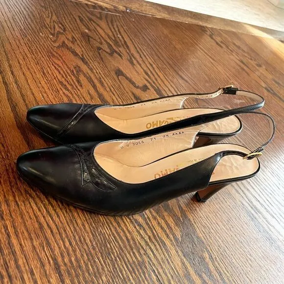 EUC 80’s Vintage Slingback Ferragamo Women's Pumps Black Sz. 8.5