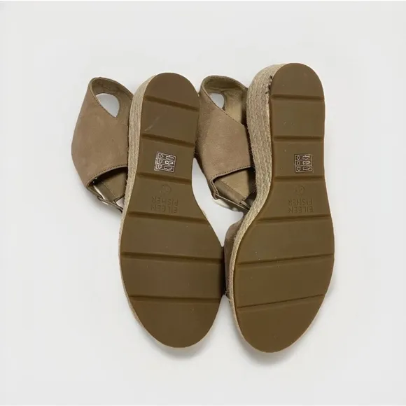 EUC Eileen Fisher Earth Tan Espadrille Jute Low Wedge Sandals Size 8.5 Neutral