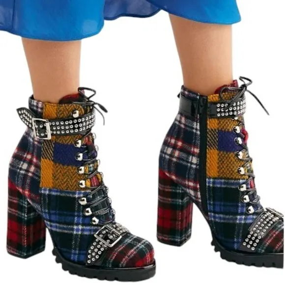 EUC Jeffrey Campbell Red Plaid Studded Platform Lilith II Lace-Up Boots Bootie