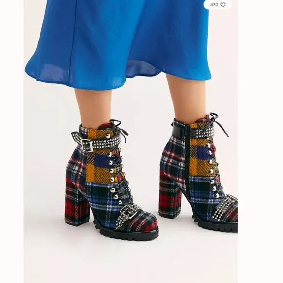 EUC Jeffrey Campbell Red Plaid Studded Platform Lilith II Lace-Up Boots Bootie