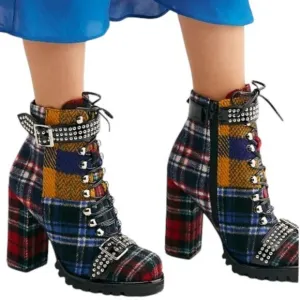 EUC Jeffrey Campbell Red Plaid Studded Platform Lilith II Lace-Up Boots Bootie
