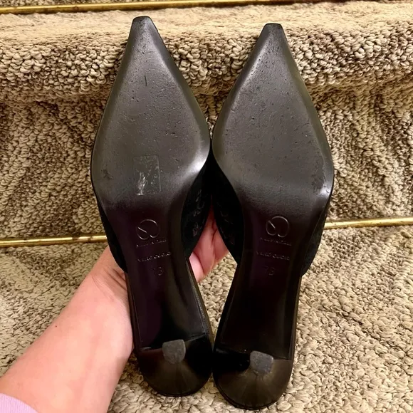 EUC St. John Pointed Toe Kitten Heel Slides Shoes Pumps Black &amp; Pewter Size 7 B