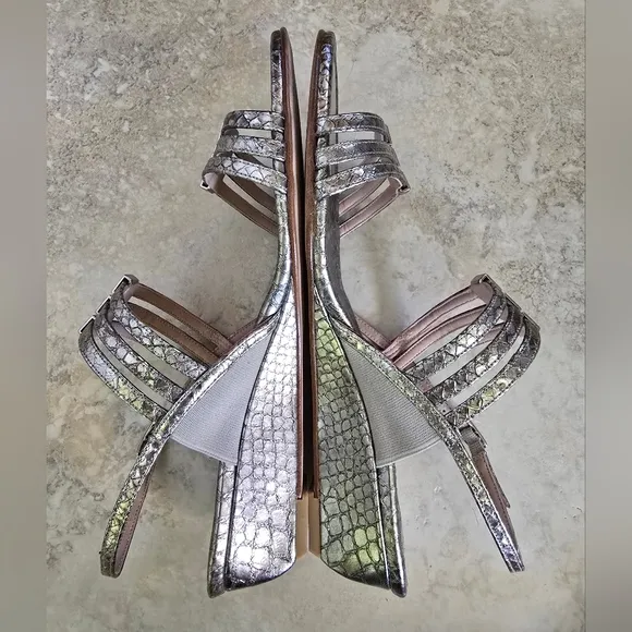 EUC Stuart Weitzman Silver Leather Strappy Wedge Sandals