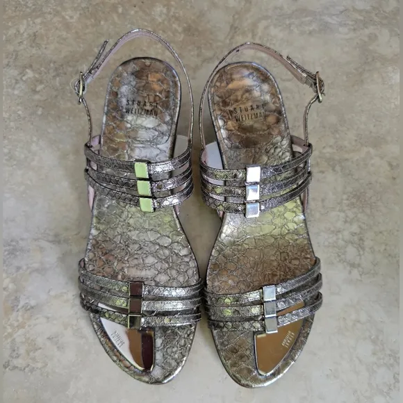 EUC Stuart Weitzman Silver Leather Strappy Wedge Sandals