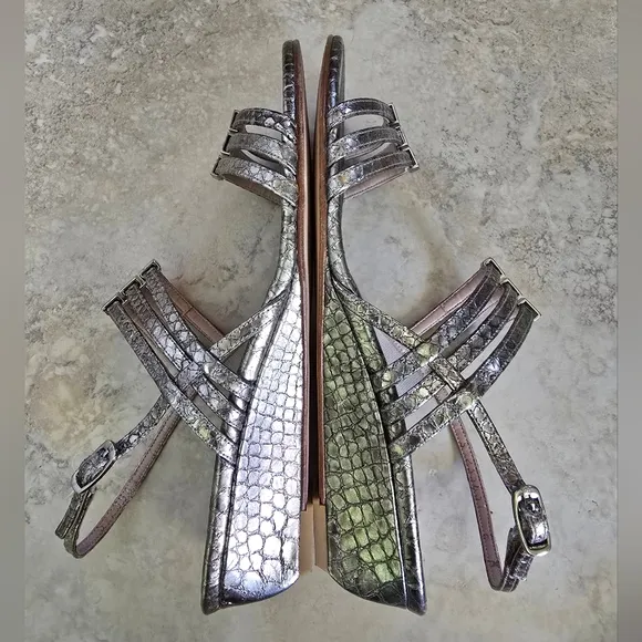 EUC Stuart Weitzman Silver Leather Strappy Wedge Sandals