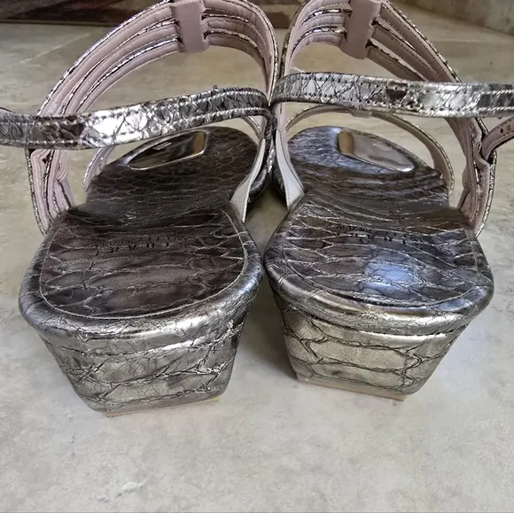 EUC Stuart Weitzman Silver Leather Strappy Wedge Sandals