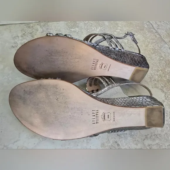 EUC Stuart Weitzman Silver Leather Strappy Wedge Sandals