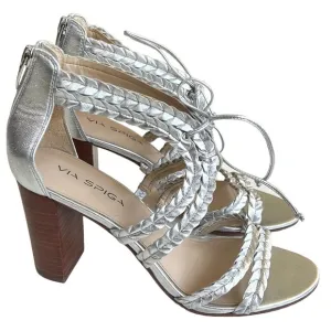 EUC Via Spiga Silver Leather Heeled Sandals