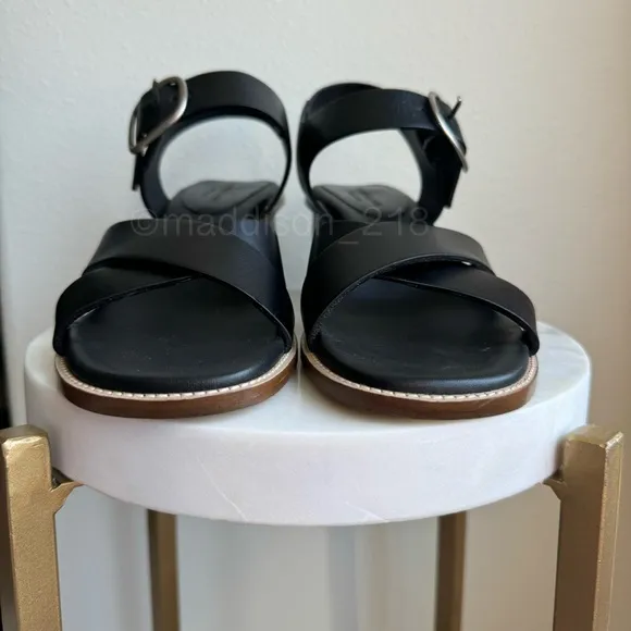 Everlane Leather Buckle Heel Sandals Black size 10 Block Chunky Heel Big Buckle