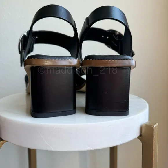Everlane Leather Buckle Heel Sandals Black size 10 Block Chunky Heel Big Buckle
