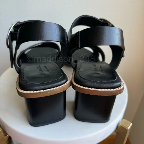 Everlane Leather Buckle Heel Sandals Black size 10 Block Chunky Heel Big Buckle