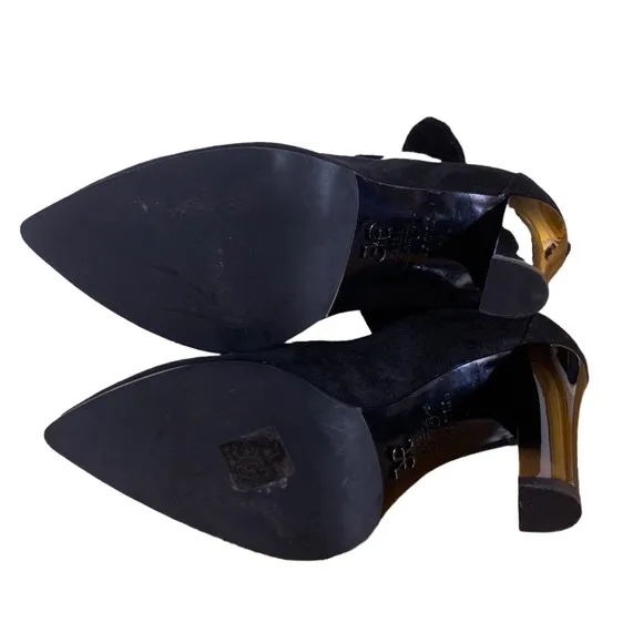 FABI COUTURE BLACK SUEDE HEELS W/CREAM SATIN ROSE ADORNMENT &amp; LUCITE HEELS (37)