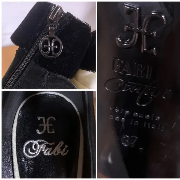 FABI COUTURE BLACK SUEDE HEELS W/CREAM SATIN ROSE ADORNMENT &amp; LUCITE HEELS (37)