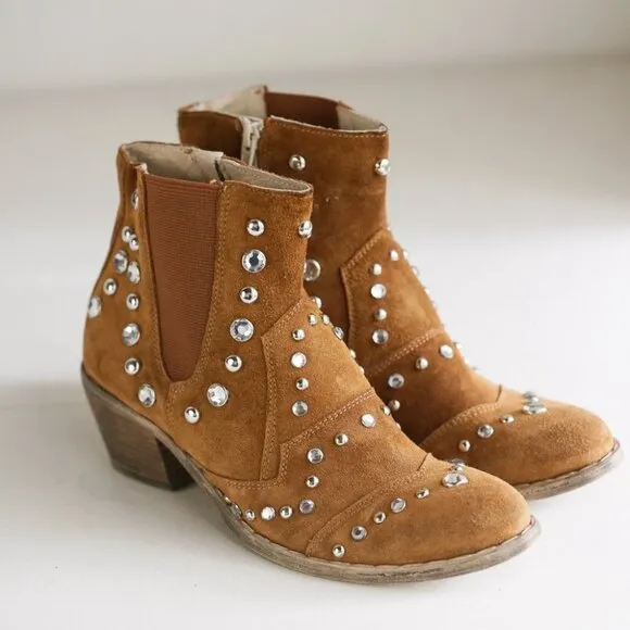 Fabrizio Chini Caramel Suede Studded Rhinestone Boho Zip up Booties SZ 40