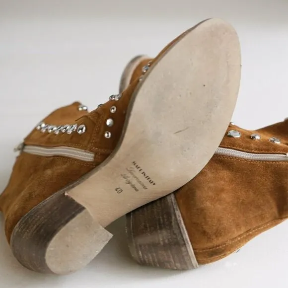 Fabrizio Chini Caramel Suede Studded Rhinestone Boho Zip up Booties SZ 40