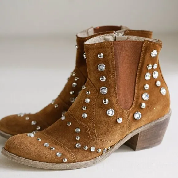 Fabrizio Chini Caramel Suede Studded Rhinestone Boho Zip up Booties SZ 40
