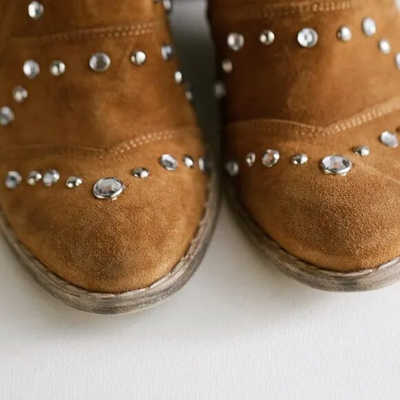 Fabrizio Chini Caramel Suede Studded Rhinestone Boho Zip up Booties SZ 40