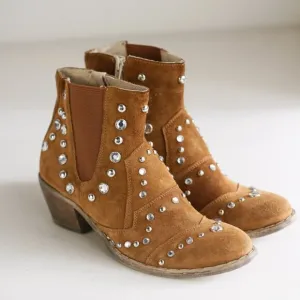 Fabrizio Chini Caramel Suede Studded Rhinestone Boho Zip up Booties SZ 40