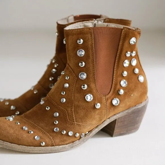Fabrizio Chini Caramel Suede Studded Rhinestone Boho Zip up Booties SZ 40