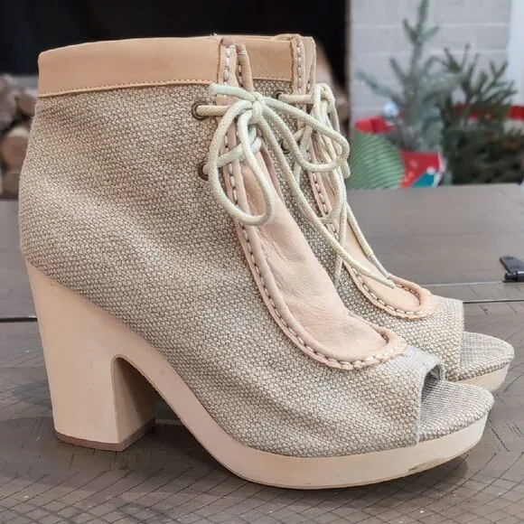 Farylrobin Anthropologie Sita Cream Beige Peep-Toe Heeled Ankle Boots Sz 9.5