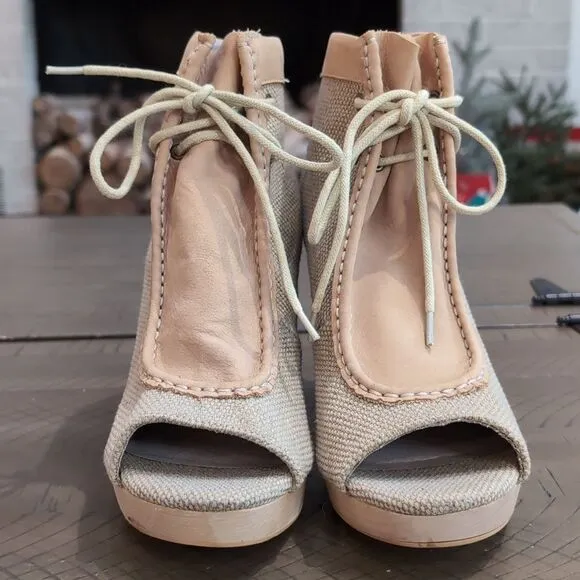 Farylrobin Anthropologie Sita Cream Beige Peep-Toe Heeled Ankle Boots Sz 9.5