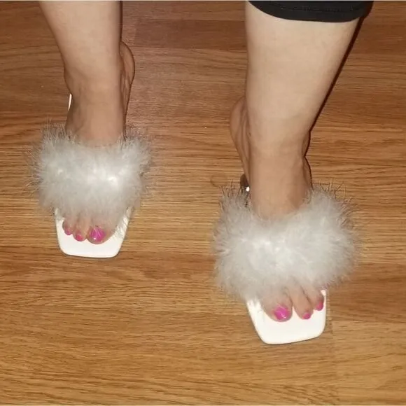 FEATHERED HEELED MULES WHITE PRINCES SHOES 7.5