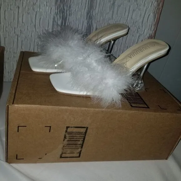 FEATHERED HEELED MULES WHITE PRINCES SHOES 7.5