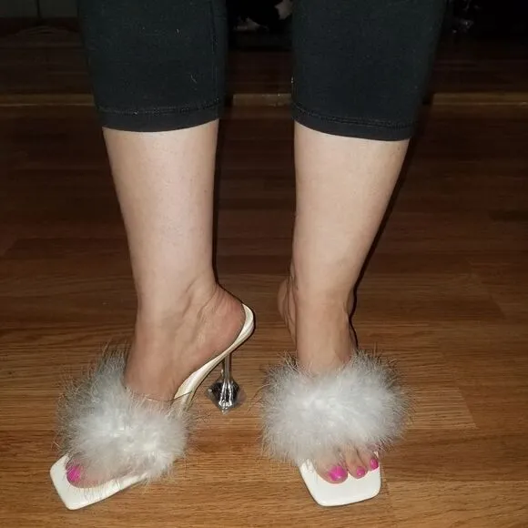 FEATHERED HEELED MULES WHITE PRINCES SHOES 7.5