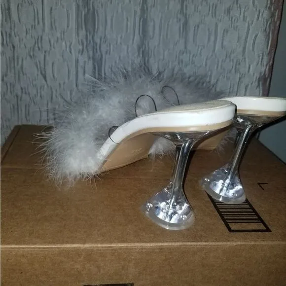 FEATHERED HEELED MULES WHITE PRINCES SHOES 7.5