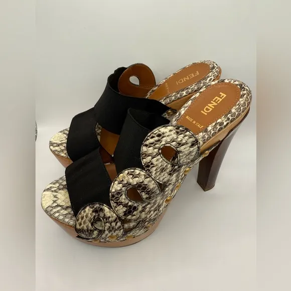 Fendi Beige/Brown Python Leather Platform Slide Sandals