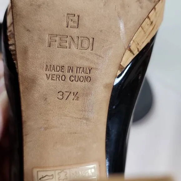FENDI Black Patent Leather Round Toe Cork Platform High Heel Pumps Size 37.5 EU
