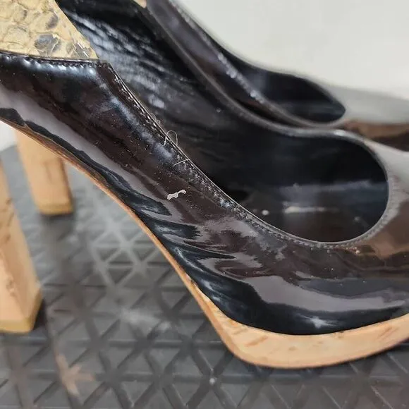 FENDI Black Patent Leather Round Toe Cork Platform High Heel Pumps Size 37.5 EU