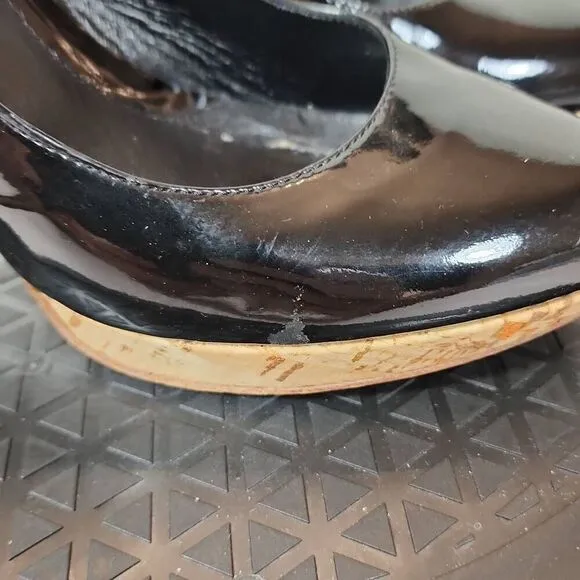 FENDI Black Patent Leather Round Toe Cork Platform High Heel Pumps Size 37.5 EU
