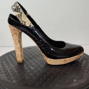 FENDI Black Patent Leather Round Toe Cork Platform High Heel Pumps Size 37.5 EU