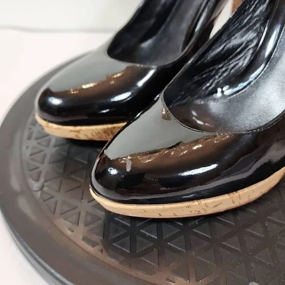 FENDI Black Patent Leather Round Toe Cork Platform High Heel Pumps Size 37.5 EU
