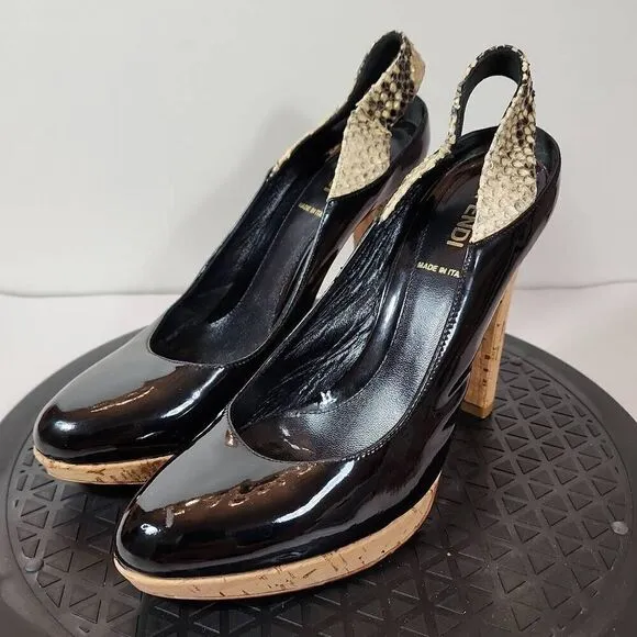 FENDI Black Patent Leather Round Toe Cork Platform High Heel Pumps Size 37.5 EU