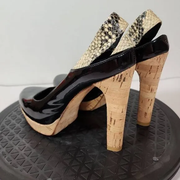 FENDI Black Patent Leather Round Toe Cork Platform High Heel Pumps Size 37.5 EU