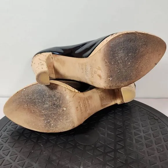 FENDI Black Patent Leather Round Toe Cork Platform High Heel Pumps Size 37.5 EU