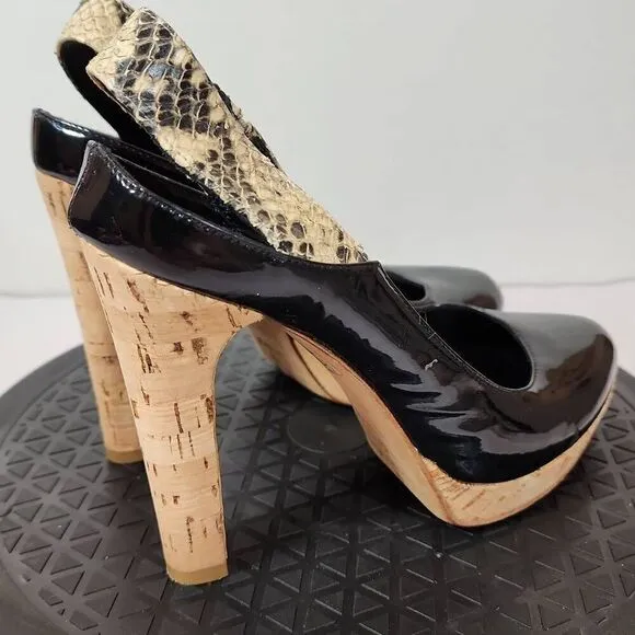 FENDI Black Patent Leather Round Toe Cork Platform High Heel Pumps Size 37.5 EU