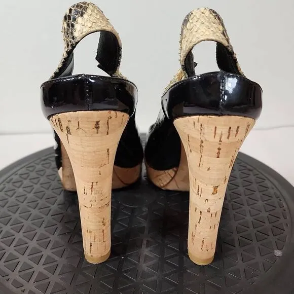 FENDI Black Patent Leather Round Toe Cork Platform High Heel Pumps Size 37.5 EU