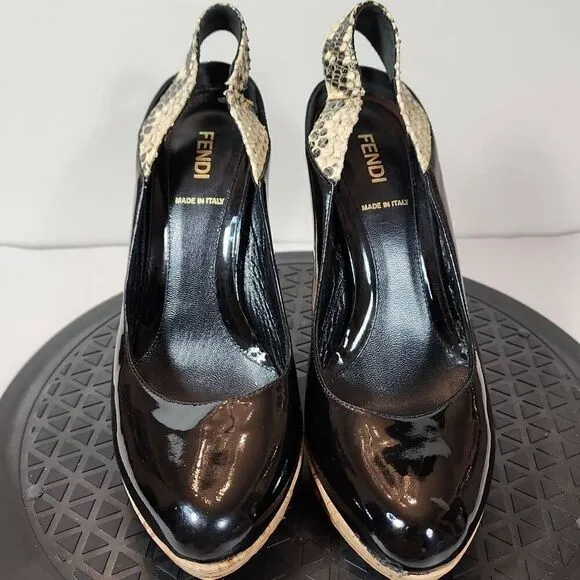 FENDI Black Patent Leather Round Toe Cork Platform High Heel Pumps Size 37.5 EU