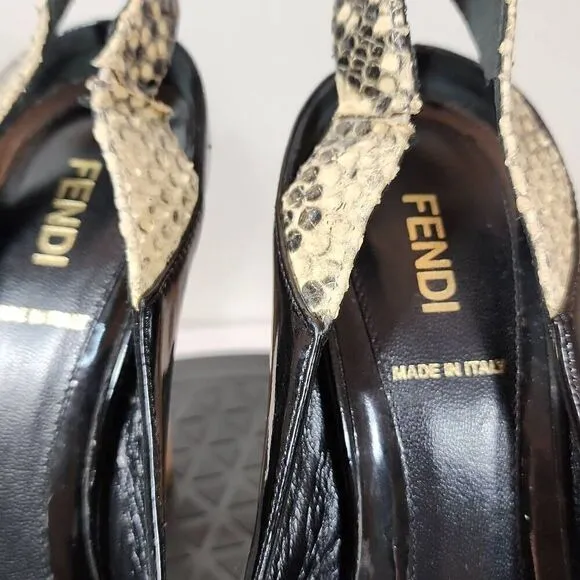 FENDI Black Patent Leather Round Toe Cork Platform High Heel Pumps Size 37.5 EU