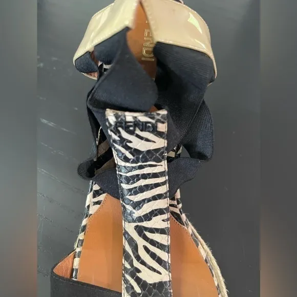 Fendi Carioca Zebra Printed Leather Wedge Sandals