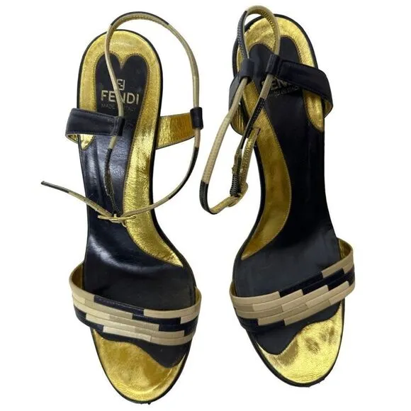 Fendi Leather Colorblock Pattern Wedge Heel Sandals Closure at Ankle
