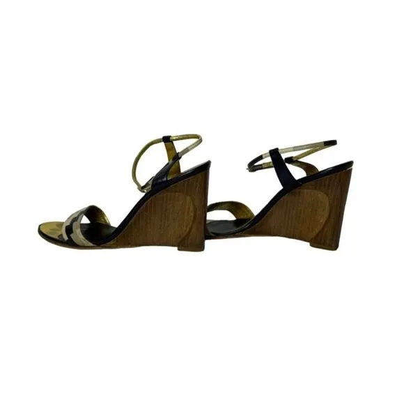 Fendi Leather Colorblock Pattern Wedge Heel Sandals Closure at Ankle