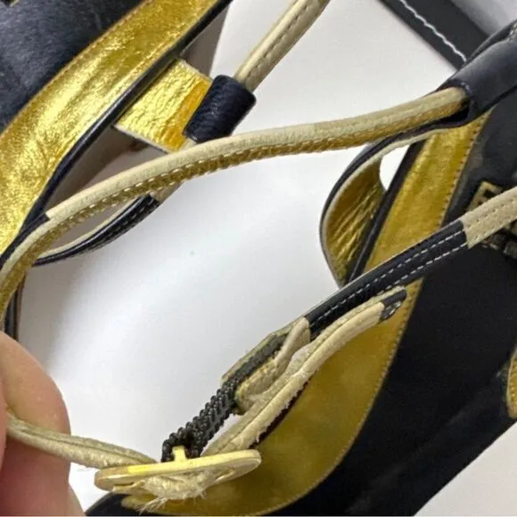 Fendi Leather Colorblock Pattern Wedge Heel Sandals Closure at Ankle