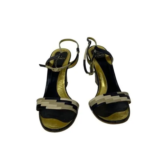 Fendi Leather Colorblock Pattern Wedge Heel Sandals Closure at Ankle