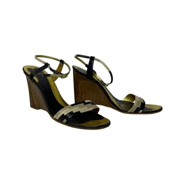 Fendi Leather Colorblock Pattern Wedge Heel Sandals Closure at Ankle