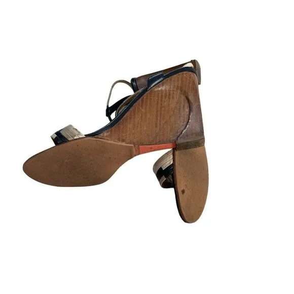 Fendi Leather Colorblock Pattern Wedge Heel Sandals Closure at Ankle
