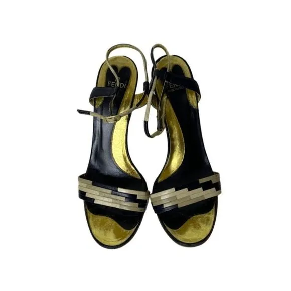 Fendi Leather Colorblock Pattern Wedge Heel Sandals Closure at Ankle